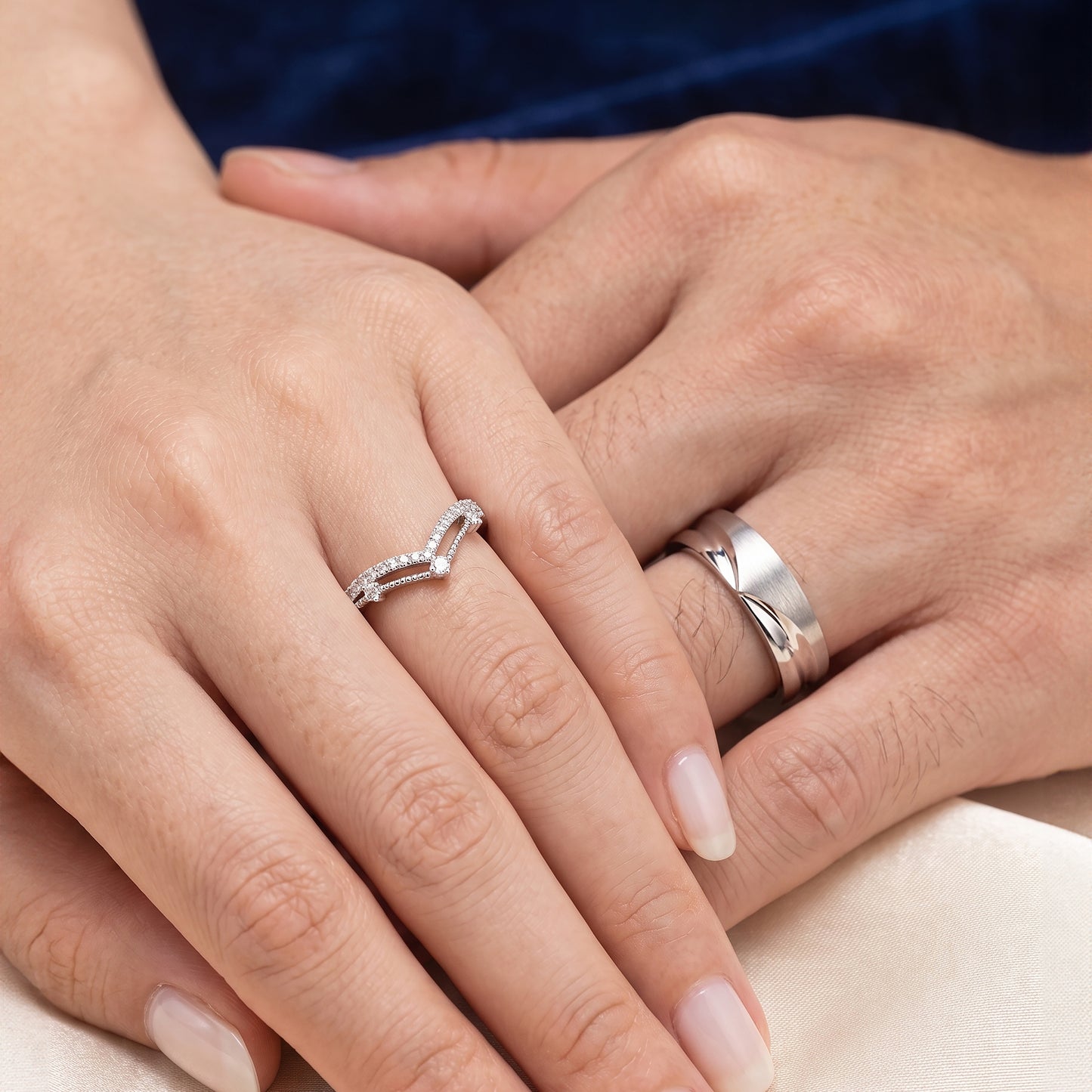 Cupid Jewellery "Tiare" Matching Wedding Band Set on hand