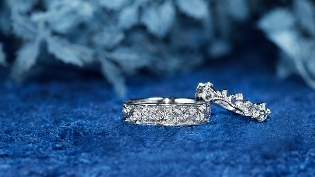 Custom white gold wedding band with Celtic vine and leaf engraving symbolizing growth and devotion