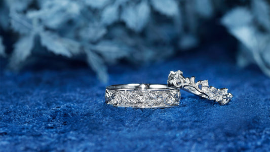 Custom white gold wedding band with Celtic vine and leaf engraving symbolizing growth and devotion