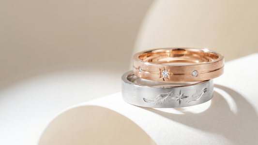Vera — Custom Made Wedding Bands with Star and Wing Engraving in 18K White & Rose Gold