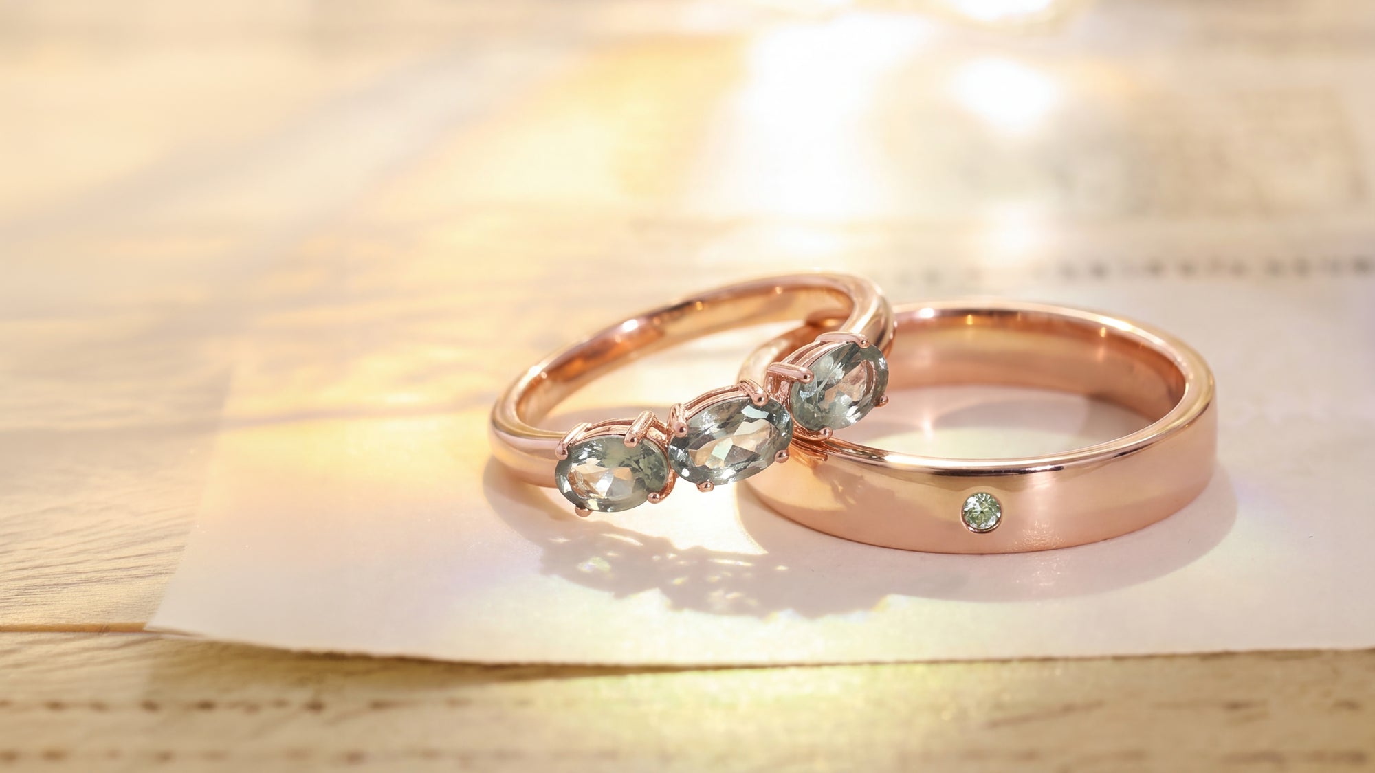 A Natural Harmony: The Custom Rose Gold and Green Sapphire Wedding Band