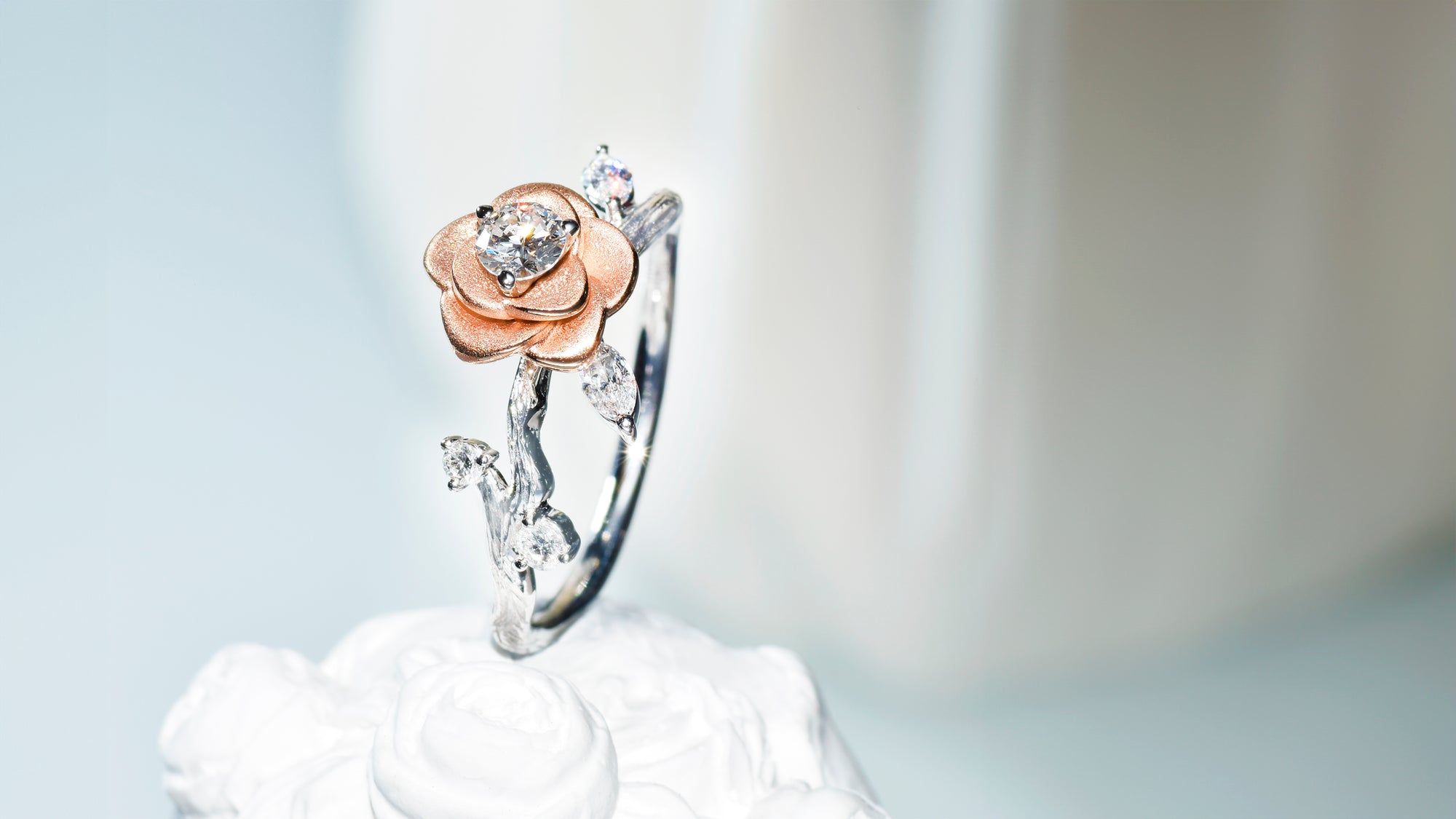 The Custom "Petalia" Commission: A Two-Tone Sculptural Rose Engagement Ring with Marquise Diamond Foliage