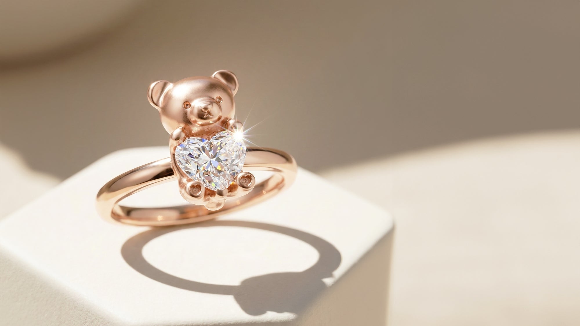 The Bespoke "Childhood Teddy" Commission: Sculptural Rose Gold Bear with a Heart-Shaped Solitaire