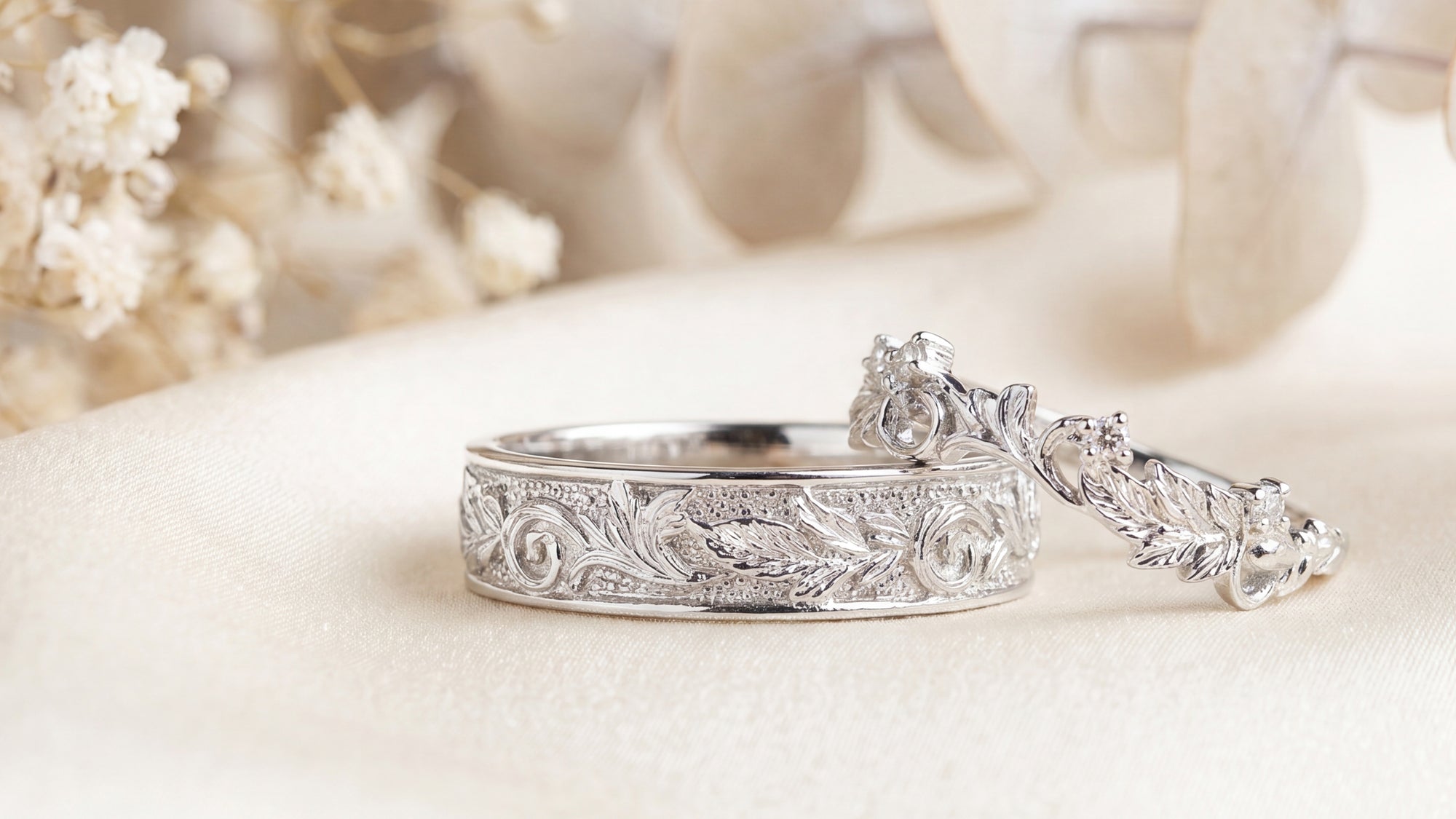 The "Justin & Melina" Commission: Bespoke Botanical Wedding Bands and the Art of Complementary Engraving