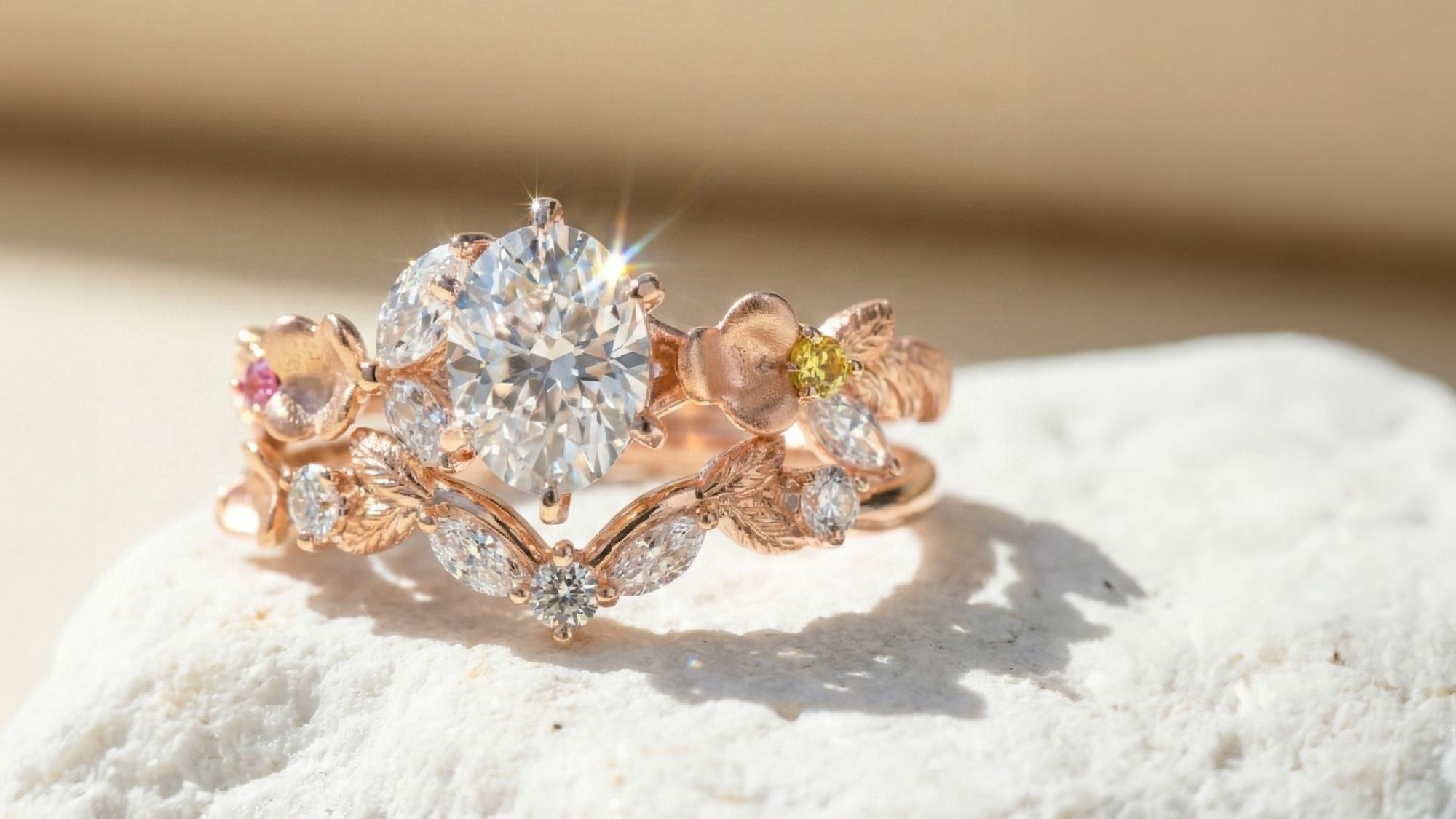 The Bespoke "Gladys" Bridal Set: Oval Solitaire with Asymmetrical Sapphires and Contoured Marquise Stacker