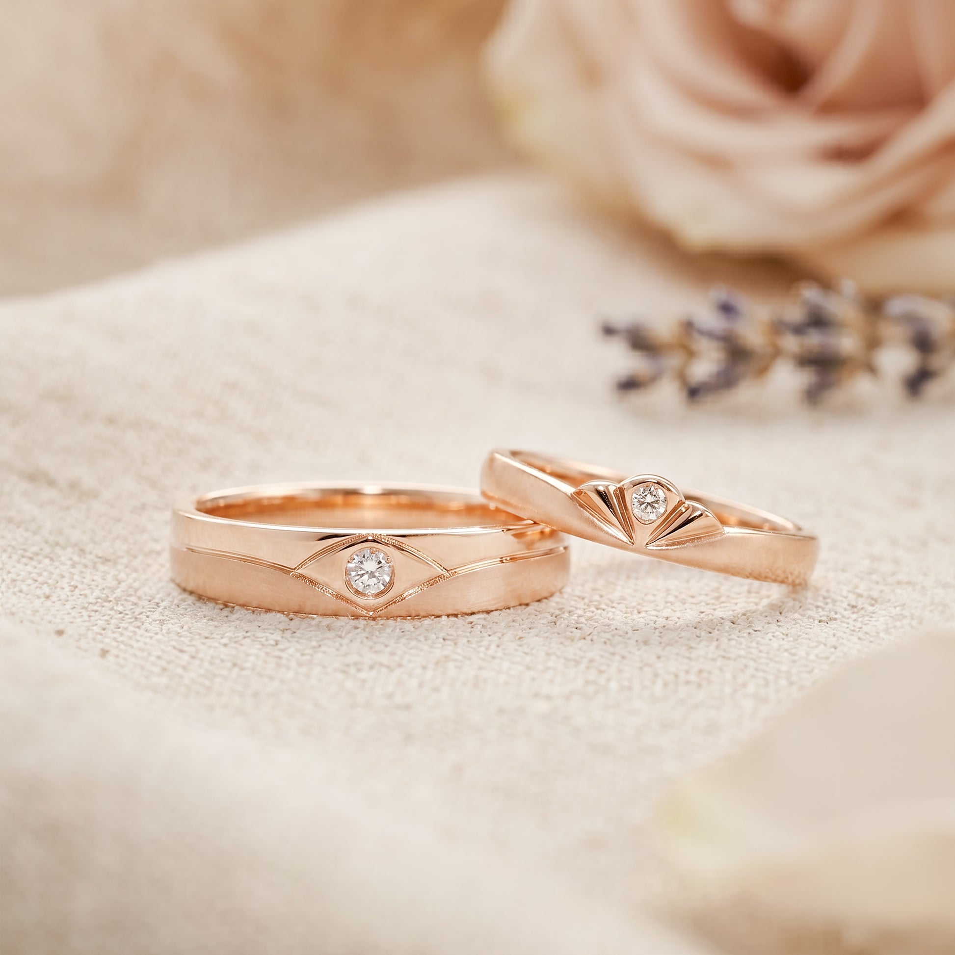 18 carat Rose gold Signature "Aegea" wedding band set