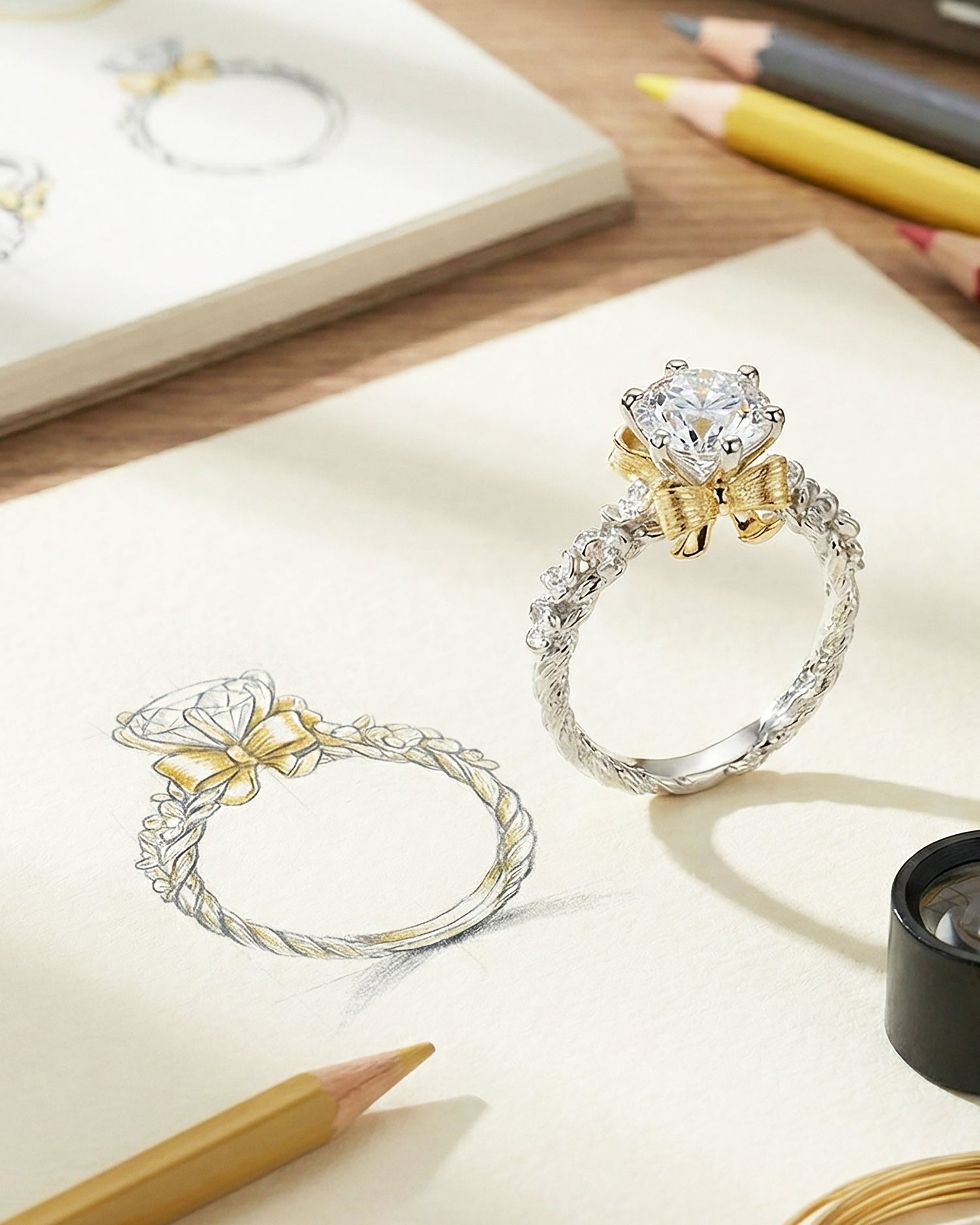 Two decorative rings with bow designs on a desk with pencils and a notebook.