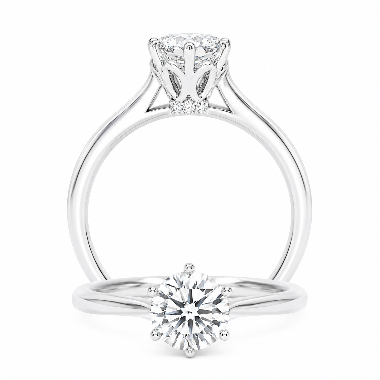 Cupid Jewellery® "Affinity" Engagement Ring | Round Brilliant Diamond, 6-Prong Crown Setting with Hidden Pave Bridge