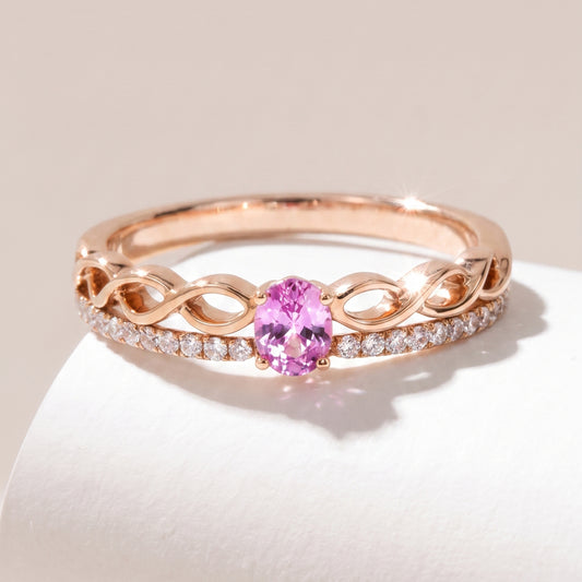 18 carat rose-gold Signature Crown diamond ring with pink sapphire