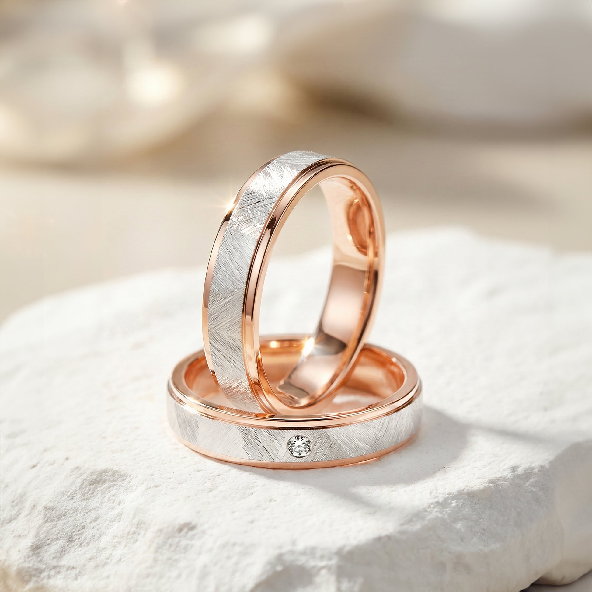 18 carat rose-gold w/ white gold Signature "Givre" wedding band set