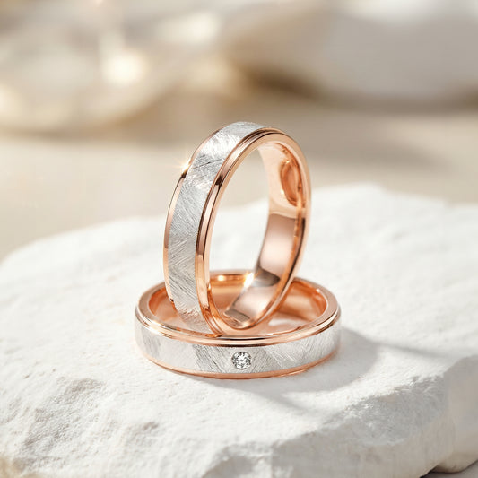 18 carat rose-gold w/ white gold Signature "Givre" wedding band set