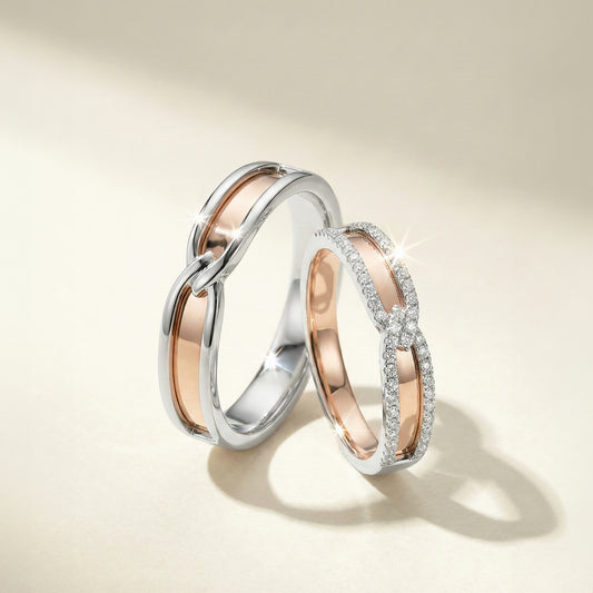 18 carat rose-gold w/ white gold Signature "Relier" wedding band