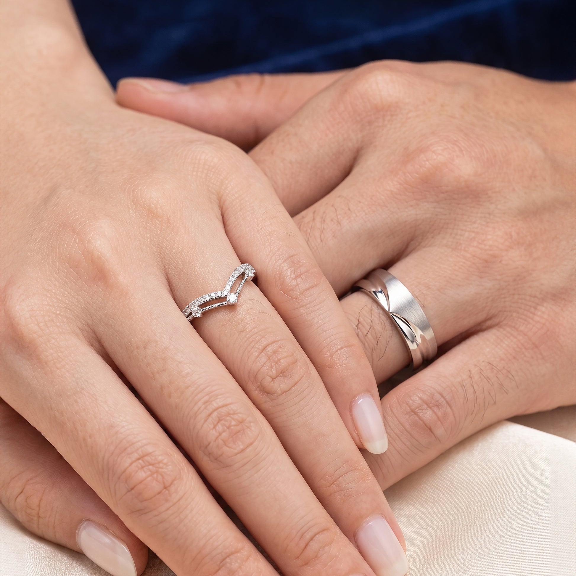 Cupid Jewellery "Tiare" Matching Wedding Band Set on hand