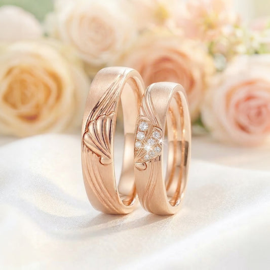 A pair of rose gold wedding band with venus shell motif. Lady's band has diamonds