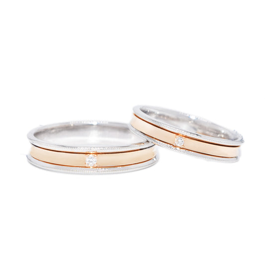 18 carat rose-gold w/white gold classic milgrain wedding band set